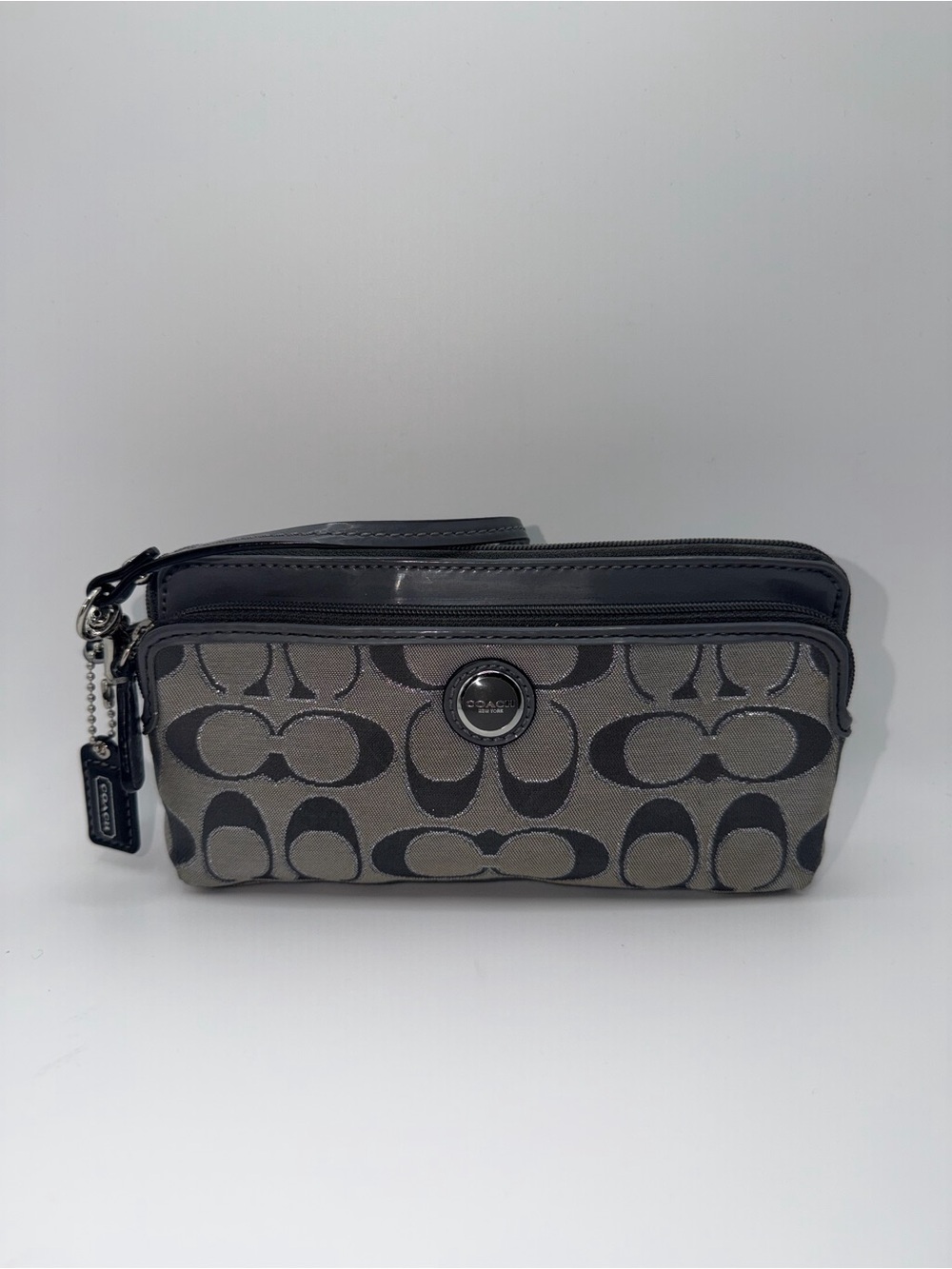 Coach Gray and Black Signature Canvas Wristlet